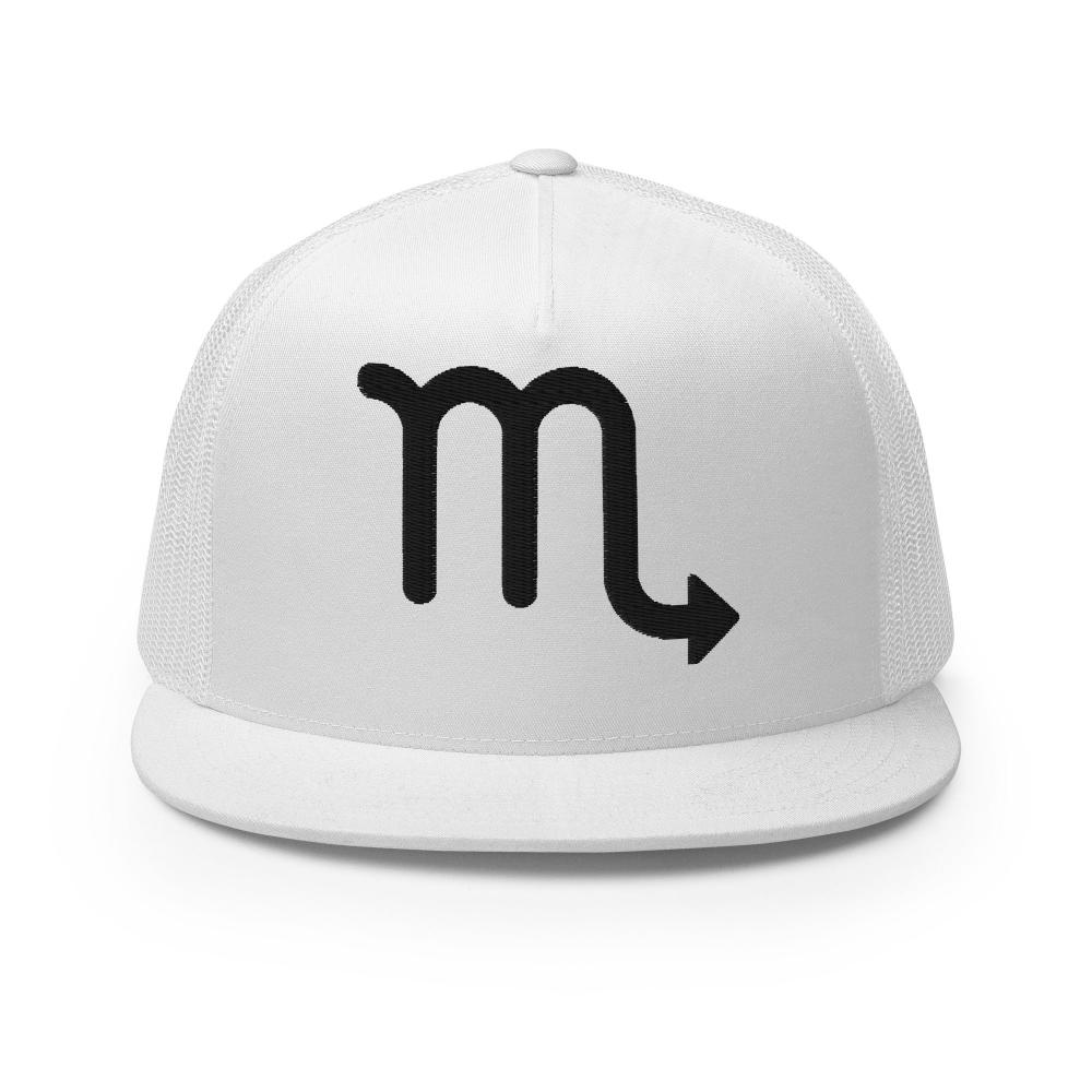 Scorpio Zodiac Embroidered Flat Bill Trucker Hat - White Color - https://ascensionemporium.net